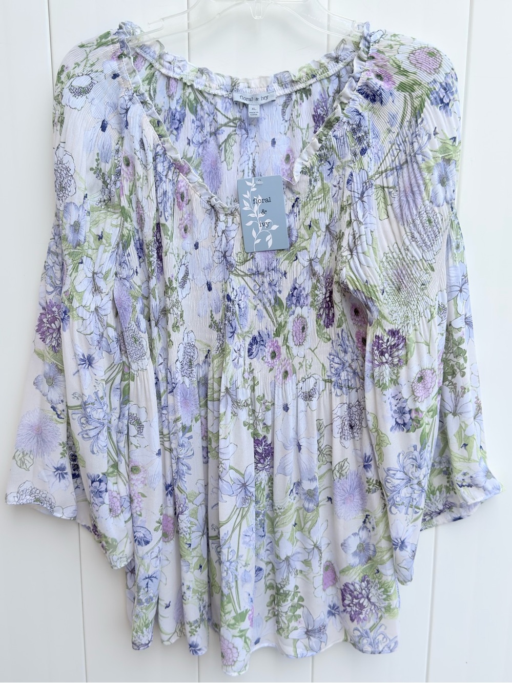 NWT Floral & Ivy Pleated Peasant Floral Top Lavender Multi X-Large
